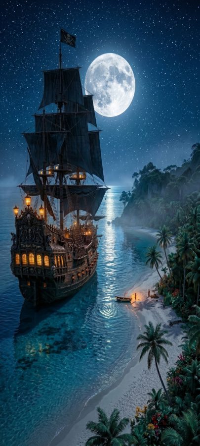 Gothic pirate ship anchored island