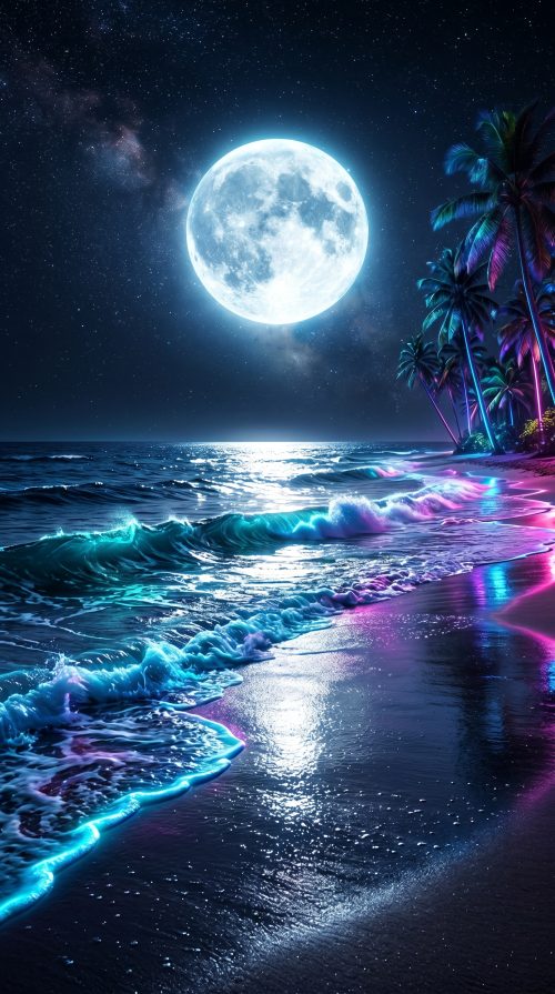 Tropical beach night neon moon